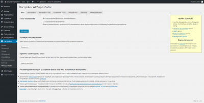 Одно из окон настройки плагина WP Super Cache